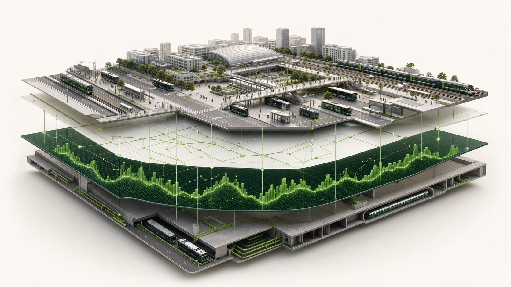 Layered model of an intermodal transit network linking requirements, analytics, and operations